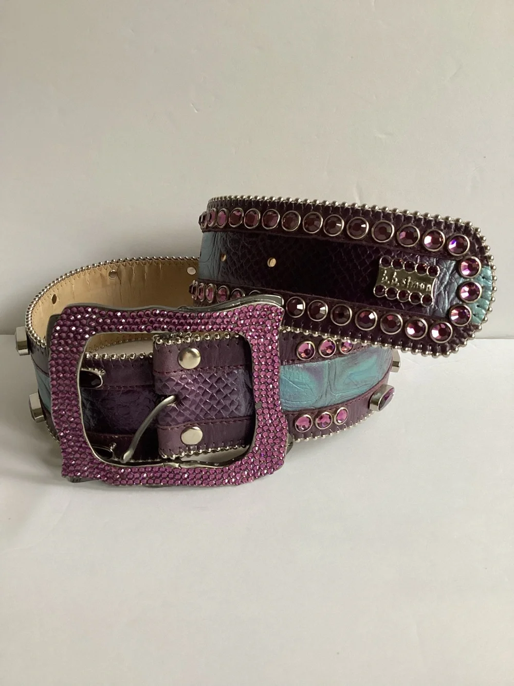 B.B.Simon Crystal Rhinestone Leather Belt Pink Purple Y2K Western Bling Glam